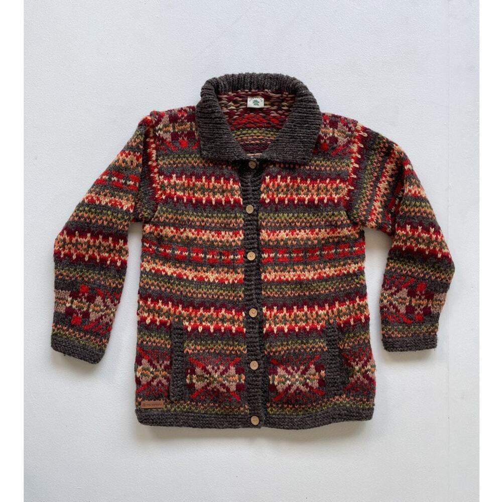PACHAMAMA Chunky Hand Knit Wool Button Up Collared Cardigan Sweater / L / Boho